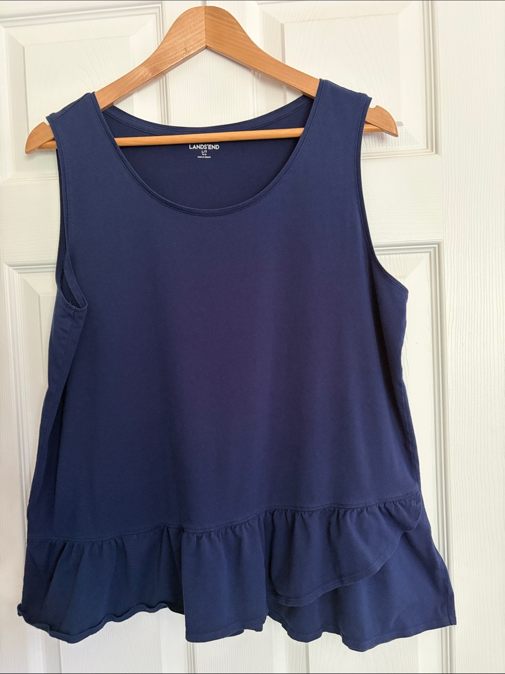 Lands' End Navy Ruffle-Hem Sleeveless Tank, Size Large/Tall
